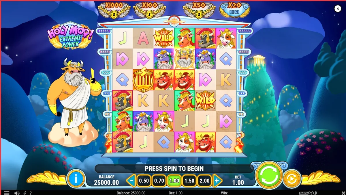 Tampilan visual slot Holy Moo! Extreme Power dengan karakter sapi dewa
