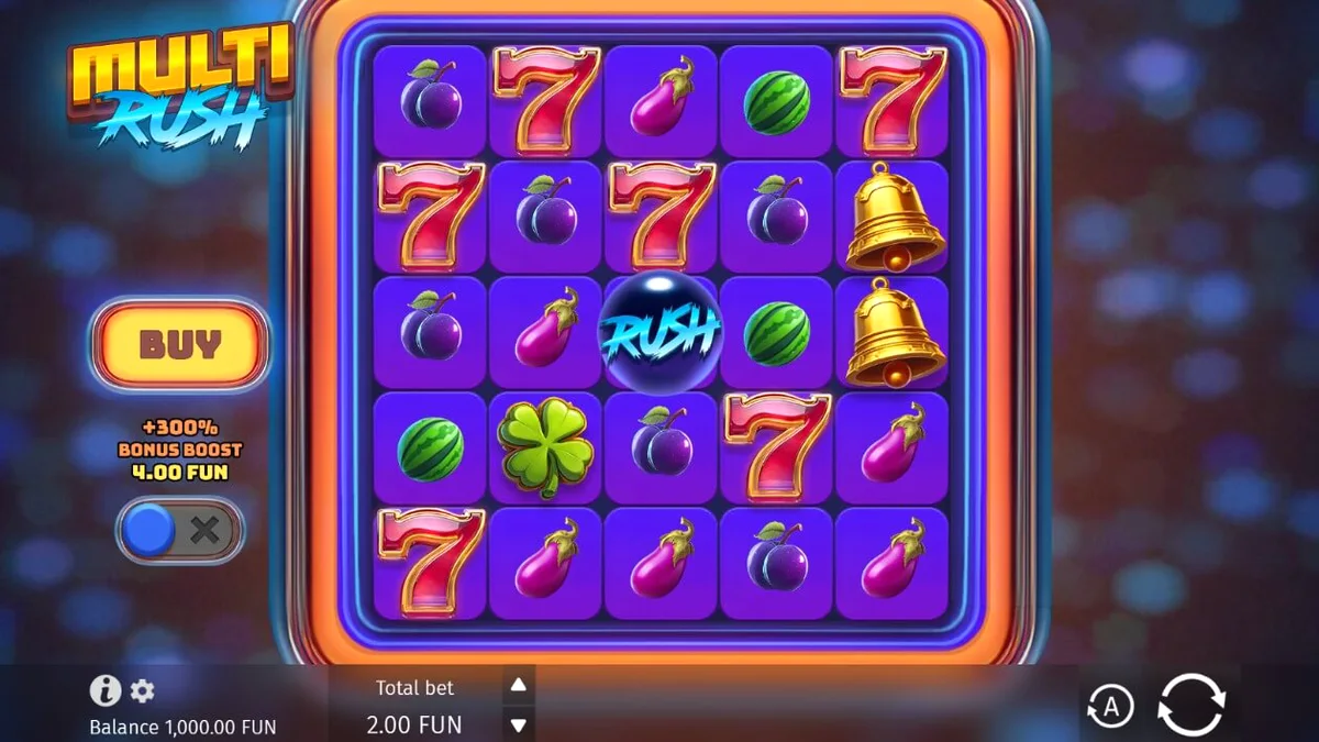 Tampilan visual slot Multi Rush dengan tema neon dan simbol buah